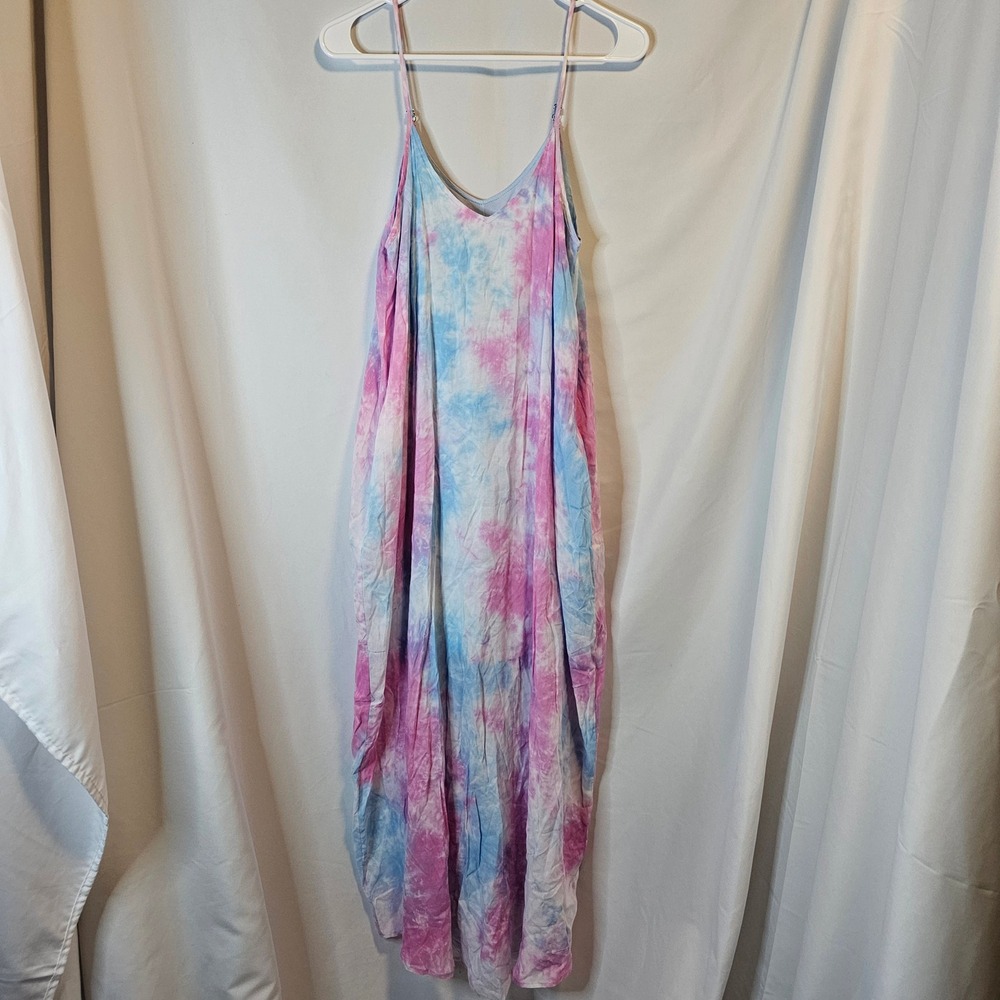 Entro Tie Dye Maxi Dress Small Pink Blue Boho Beachy Pockets Festival Vacation